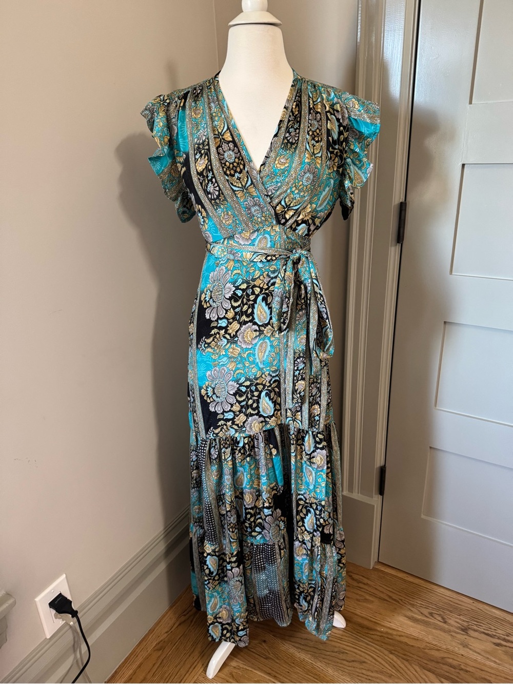Floral Wrap Maxi Dress in Teal and Black Silk with Pockets